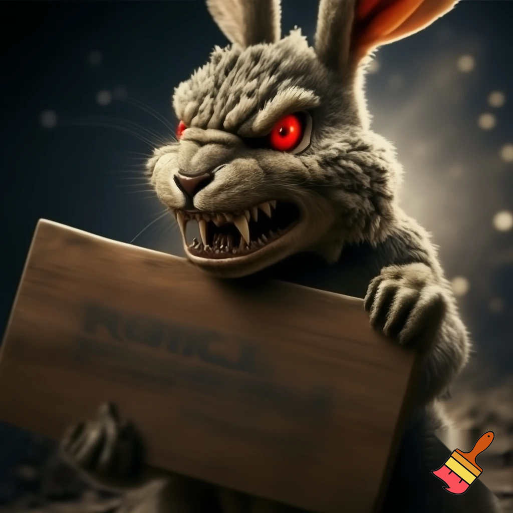 European rabbit, red glaring eyes, sharp teeth and fur, holding a sign, angry face, fighter smile