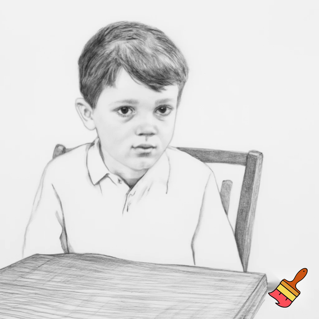A school boy sitting on the chair looking in front and made with pencil sketch .no colour and in white background with a table in front on him