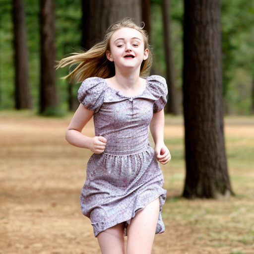 Dakota Fanning, young actress, her dress is torn, she is running through a wood