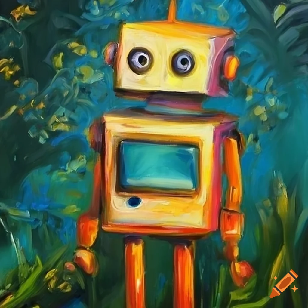 oil painting of a small robot in a garden