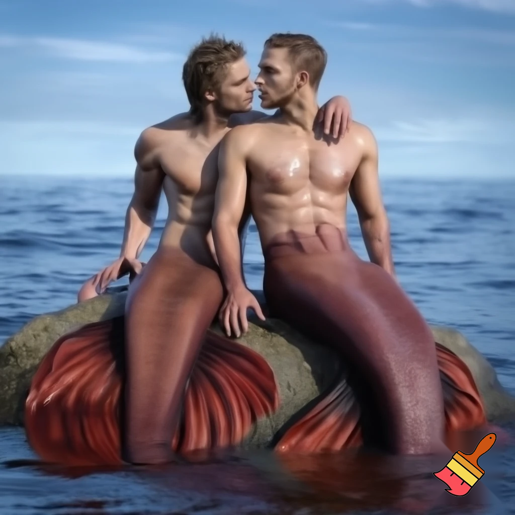 Outdoor photo of realistic shot of two caucasian mermen sitting together on a rock in the middle of the ocean, with one merman having his arm around the other. Their bodies are toned and muscular, with narrow waists and wide shoulders. They have short wet and messy hair. Their bodies are dripping wet. Their waists fade seamlessly into long, deep scarlet fish tails with large frilly fins. They are looking into each others eyes. They are kissing.