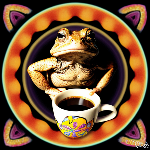 A hillarious, funny boho toad with some hippie colored coffee cups. Psychedelic decorated background.