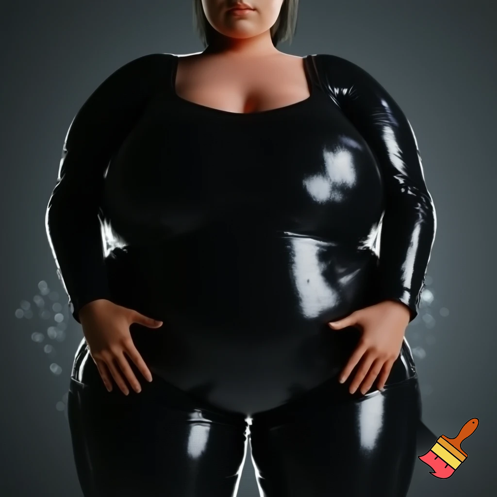 obese lady wearing tight shiny latex catsuit