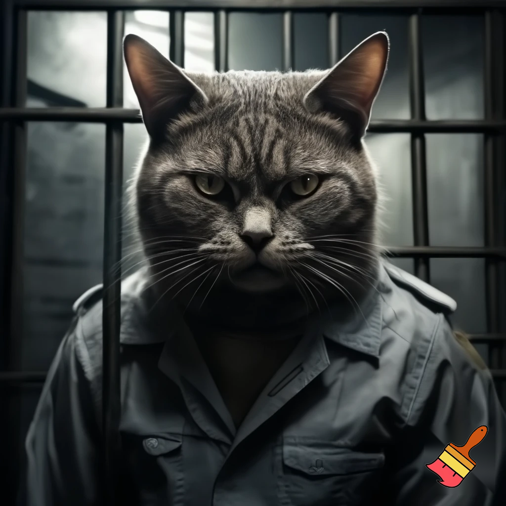 evil, sinister, strong, cat in a police mugshot staring with dim lights jail suit