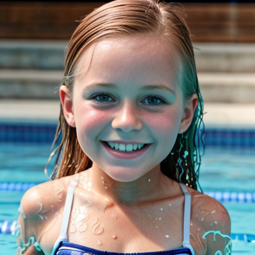 Swedish little girl, at age 5, auburn hair, straight hair, swim suit, smiling