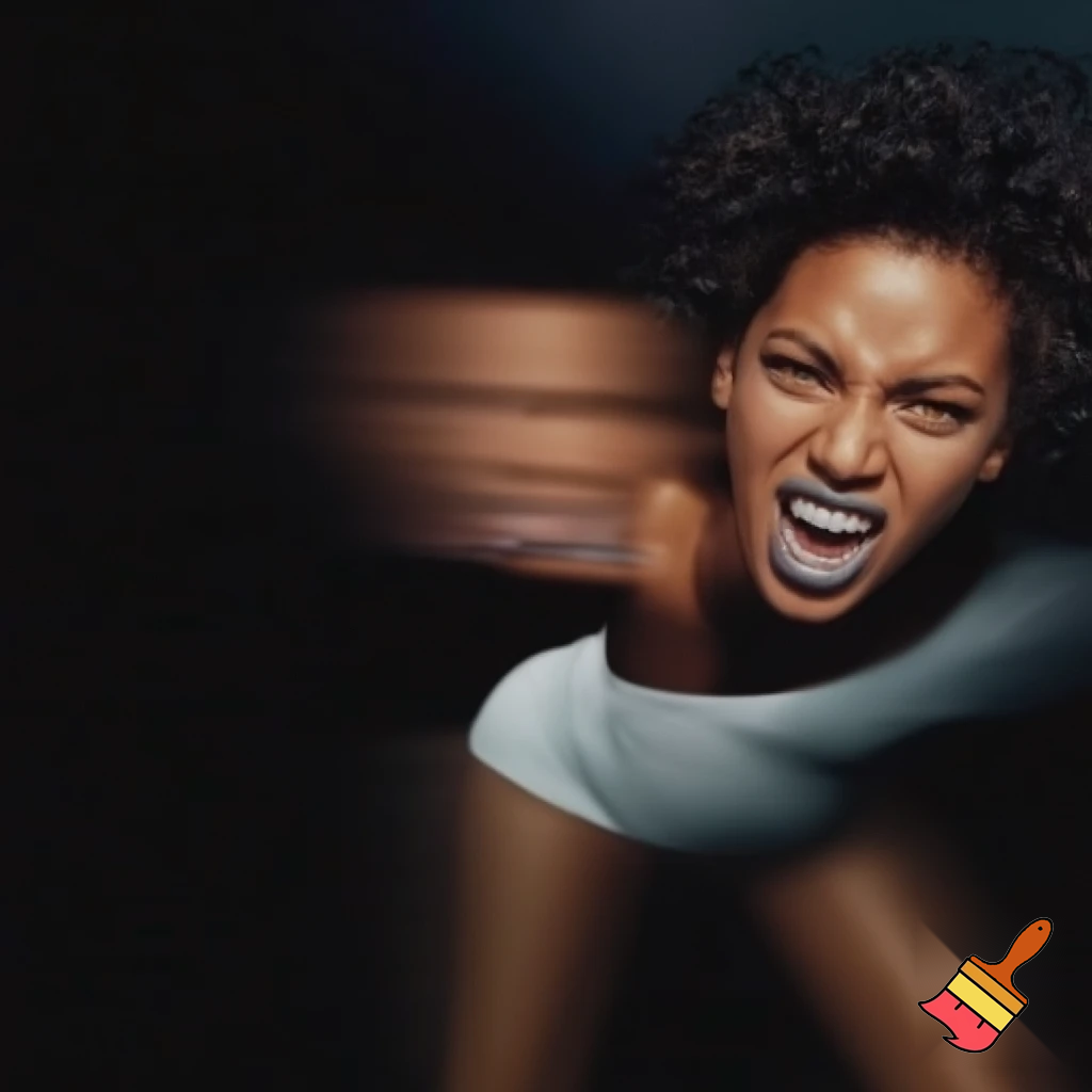 Beyonce with black short curly hair wearing a white shirt with shorts in a black setting moving screaming in a  bar ,she should be angry expression & furious, close up ,she is with grey lipstick ,close up of her face 
