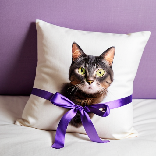 Cat with purple ribbons on a purple pillow on a white background

