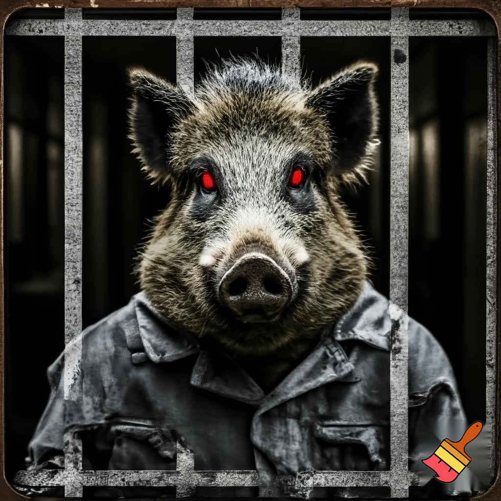 create a evil wanted poster with an image of a mugshot of a wild pig wearing prisoner clothes with red eyes.
