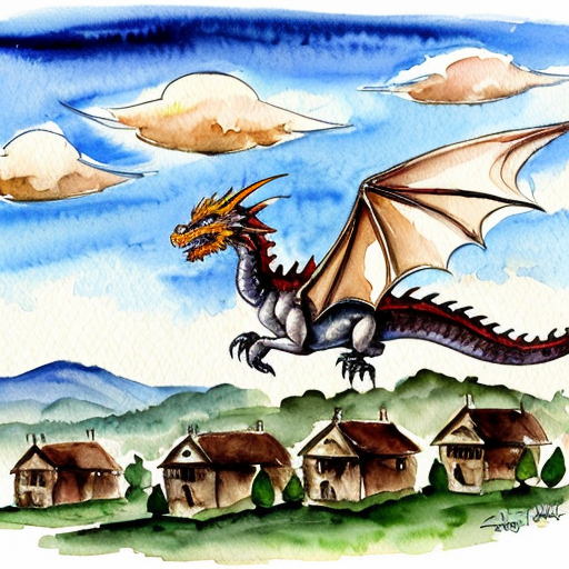 Draw me a mythological dragon flying through the sky above a village, breathing fire on the houses