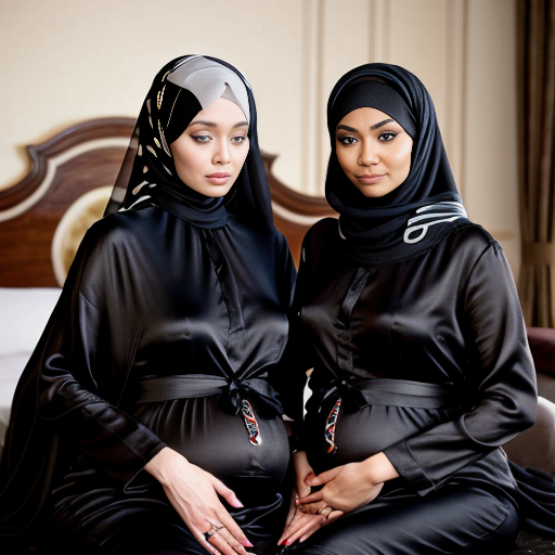 Inside a brown hotel room, heavily pregnant angelina jolie and Zendaya are sitting together wearing black silk long heavy abaya, gloves, black silk hijab and a perfect silk nosepiece saudi niqab. 
