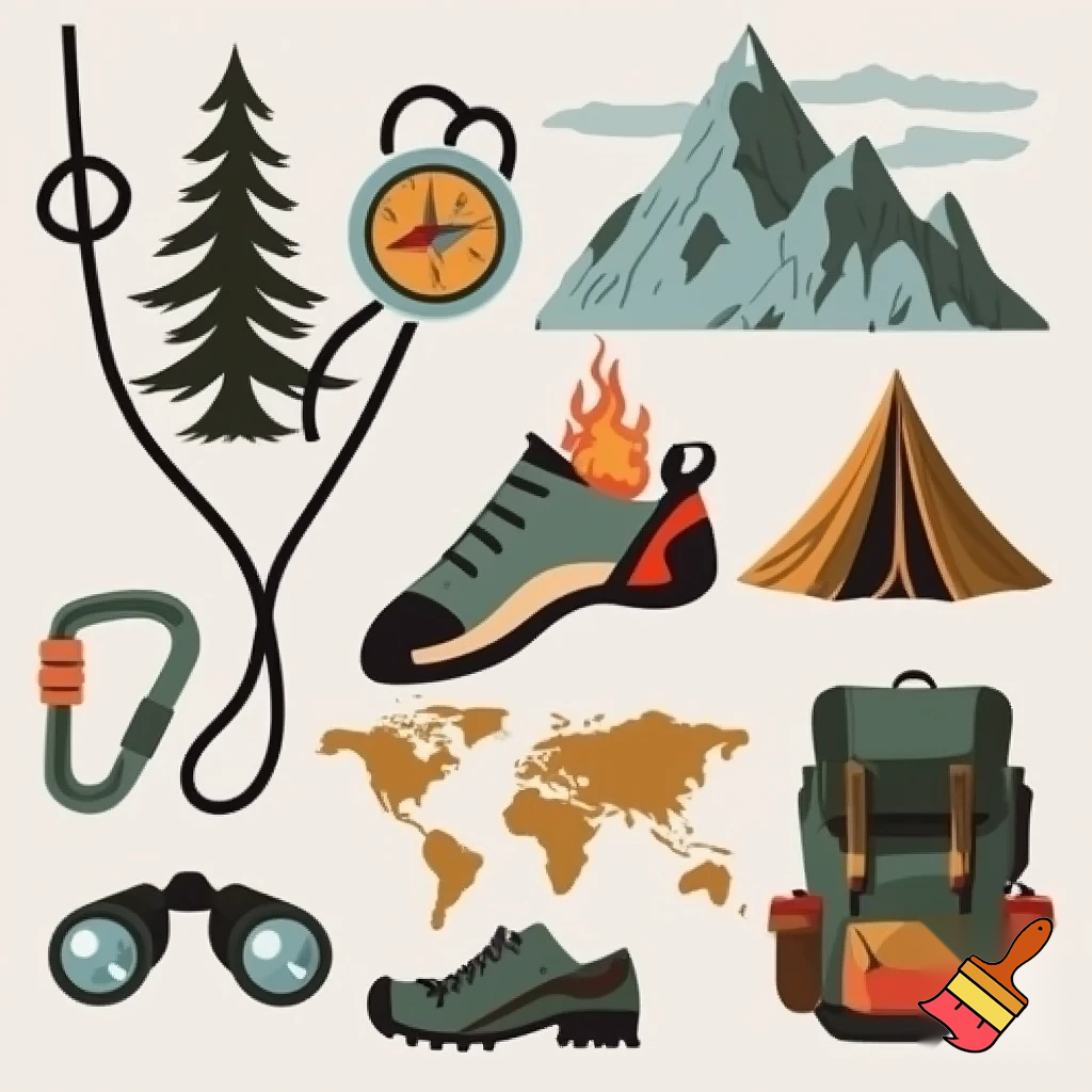 icons of : climbing shoe, figure 8 knot, fir tree, mountain, campfire, tent, carabiner, compass, backpack, world map, hiking shoe, binoculars