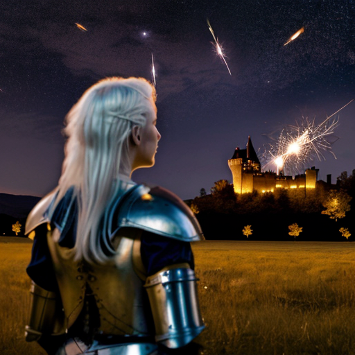 young tall white-haired woman in armor watches as meteors fall on the castle