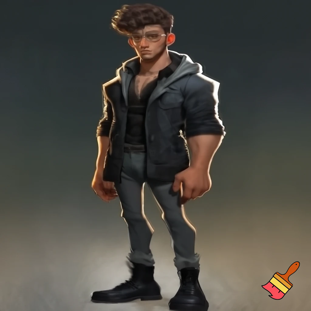 A tall, skinny, lean man with tan skin and v-tapered masculine physique, moderate muscle and prominent bone definition a heart shaped face with well defined structure, black bushy but shaped eyebrows, long lashes and coffee black 3C hair and irises wearing a black denim field coat with a grey hood attached, slim rectangular glasses with a silver glasses chain, and a black henley buttoned shirt slightly undone, black nails, sleeves rolled up the elbows, denim grey jeans and black leather combat boots 