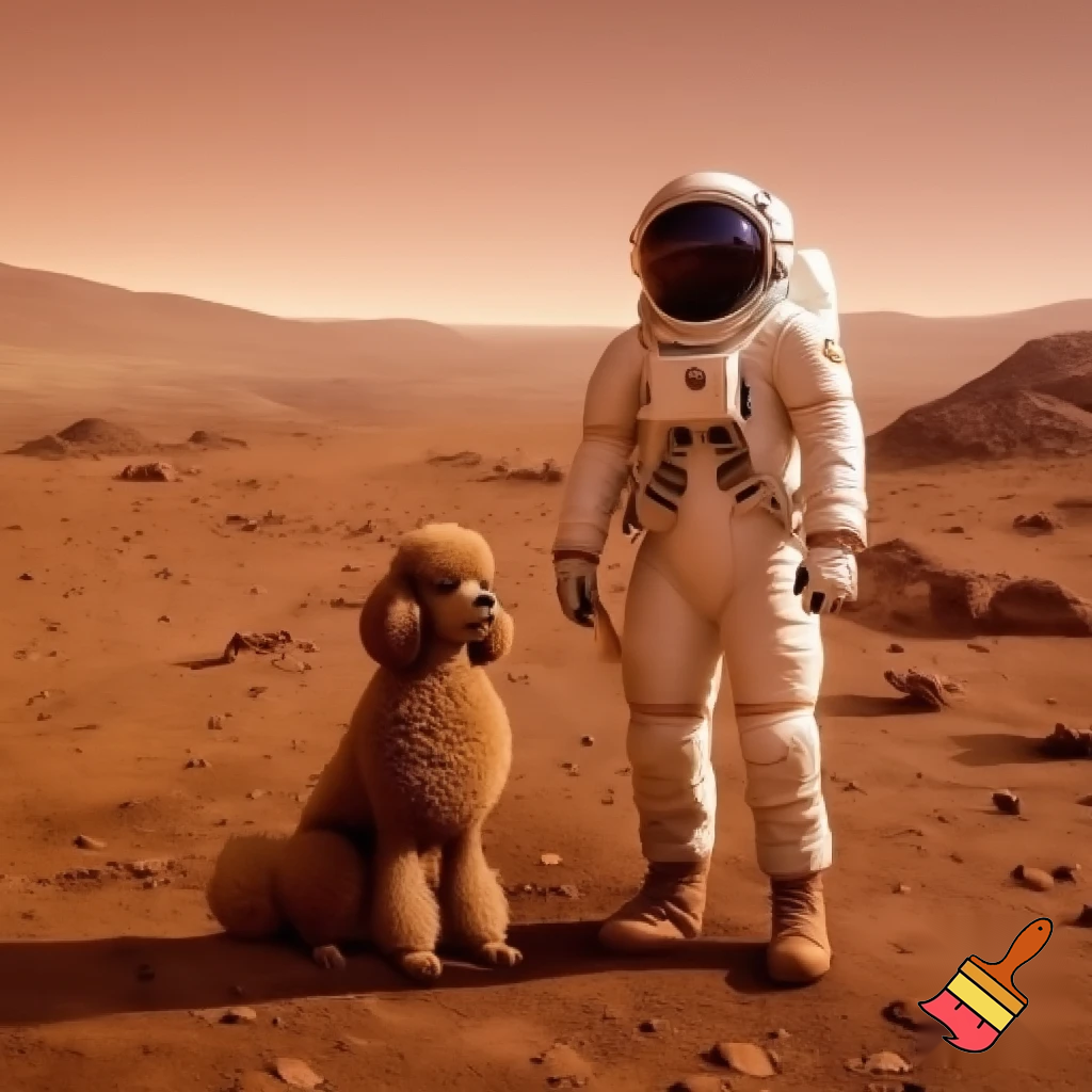 Man in mars with brown poodle 