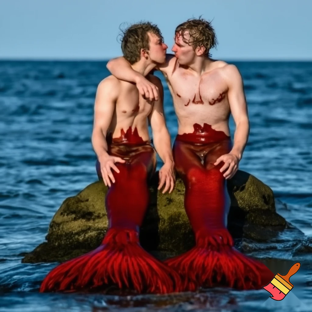 Outdoor photo of realistic shot of two caucasian mermen sitting together on a rock in the middle of the ocean, with one merman having his arm around the other. Their bodies are toned and muscular, with narrow waists and wide shoulders. They have short wet and messy hair. Their bodies are dripping wet. Their waists merge seamlessly into long, deep scarlet fish tails with large frilly fins. They are looking into each others eyes. They are kissing and touching each others chests