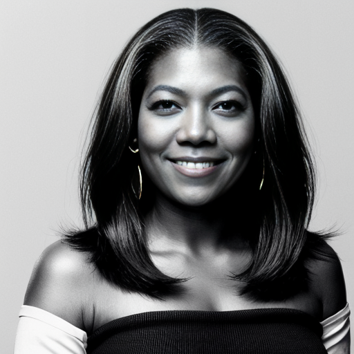 Generate a black and white photo of Queen Latifah Rocking a light brown sleek side part bob hair 