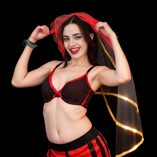 90's disney's 2d aladdin style comic black background and panels of 
panel 1 Harley Quinn with light black and red striped harem pants and bra and black and red curved slippers with both hand palms place together and hiding the bottom of her mouth with a light black and red striped veil wrapped around her arms and shoulders. 
panel 2 she danced with light black and red striped harem pants with light black and red striped bra and red and black curved slippers and with light black and red striped veil wrapped around her arms and shoulders and raising legs and bounced up and down her belly and shook her hips left and right. 
panel 3 as Harley Quinn with light black and red striped harem pants and bra and red and black curved slippers and with red and light black striped veil wrapped around her shoulders and arms and spreading her arms, happily revealing her face to the viewer and giving a smile as she shook her belly left and right. 
Panel 4 Harley Quinn with light black and red striped harem pants and bra and black and red curved slippers and with light black and red striped veil wrapped around her shoulders and arms has started to fading away , except her belly, which is bouncing around and growing. 
Panel 5 then the ball transforms into the fading in belly of Giant red haired giganta barefoot with dark yellow spotted yellow harem pants and bra and dark yellow spotted yellow veil wrapped around her arms and shoulders with her swaying her hips. 
Panel 6 red haired giganta barefoot with dark yellow spotted yellow harem pants and bra and dark yellow spotted yellow veil wrapped around her arms and shoulders then she is flexing her muscled arms.