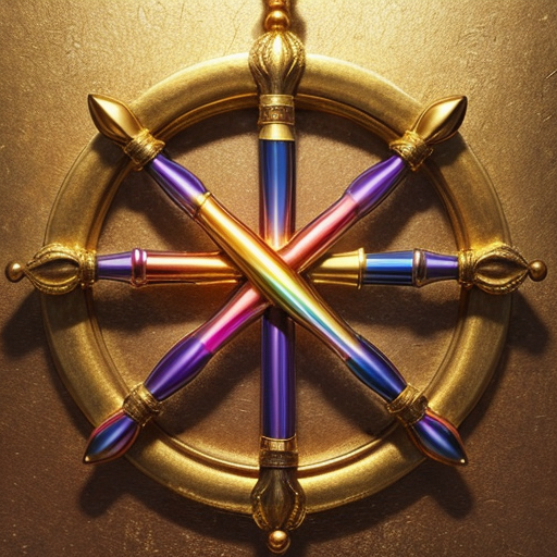 A golden cross above the sky with a small golden scroll and sword and above it a rainbow