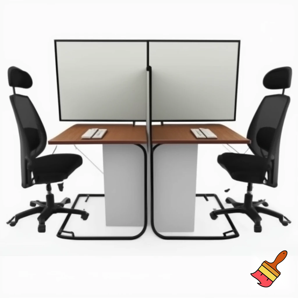 to arbejdsstationer , som består af 2 vægge 1,5 m høje, som står overfor hinanden ( på den ene - er whiteboard, på den anden - en skærm), med et klapbord på den ene side af hver væg (under whightboardet og skærmen), 2 stole på begge sider af hvert klapbord