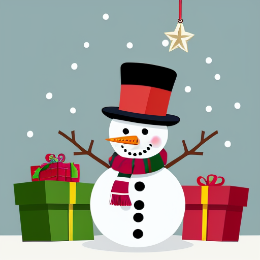 Snowman with a Christmas tree surrounded by gifts with the text Merry Christmas