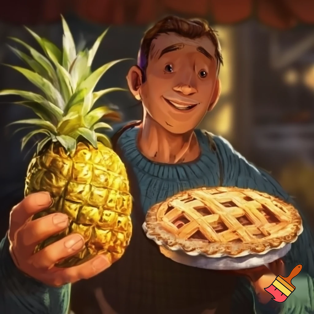man holding a pineapple in his left hand and an pie in his right hand
