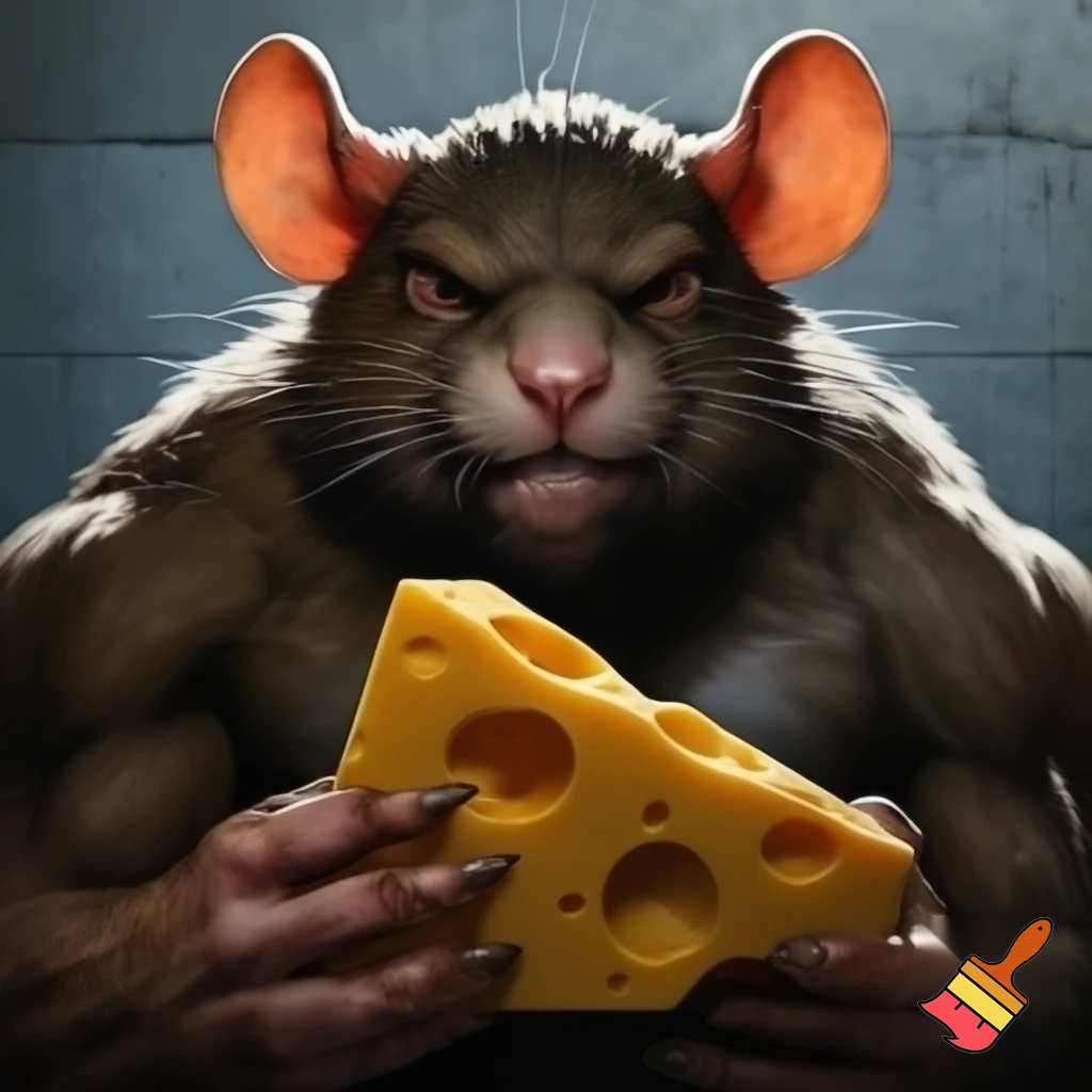 mugshot, rat buff,  cheese in hand, sinister evil smirk rat