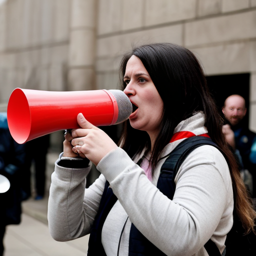 Crea una mujer luchando por los derechos de los niños, con un megafono en la mano