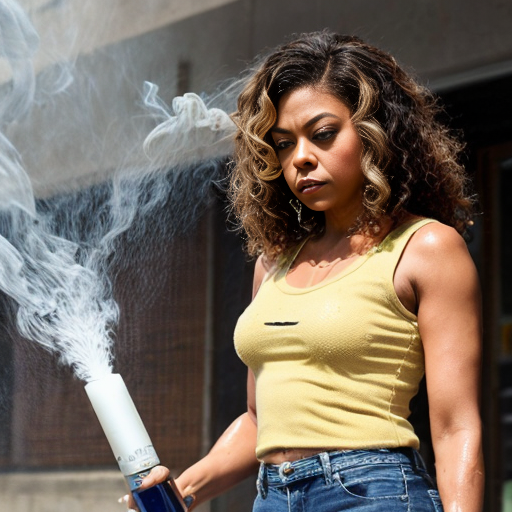 Taraji P. Henson as an FBI one beige fur jacket and yellow beige tank top red and yellow dots and blue jeans with long curly thick hair 20th Century Fox spray sprinkling water TNT stone smoker *punch*
