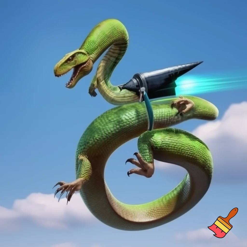 A snake with t-Rex arms and legs that has a jetpack
