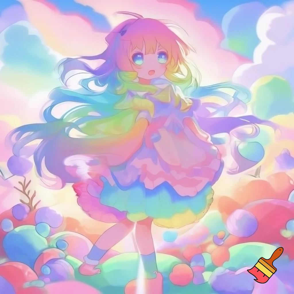 An anime girl with rainbow pastel hair and dress in a pastel kawaii land
