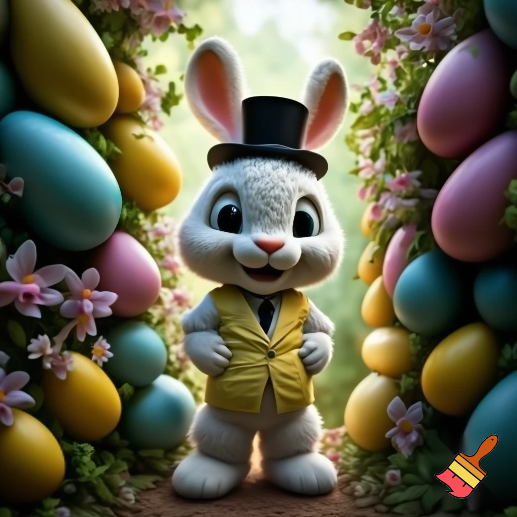 Easter bunny mascot with the top hat costume Easter bunnies maze house
