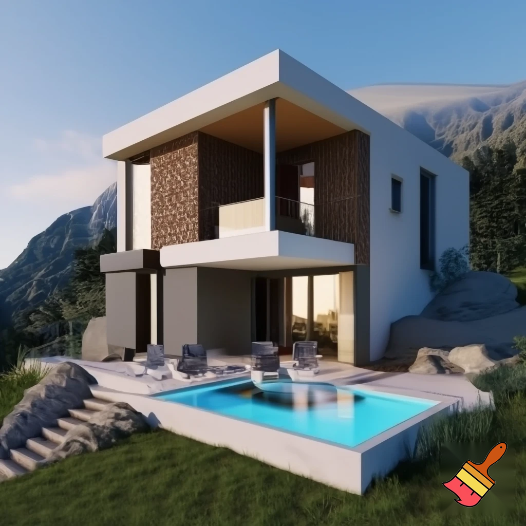 Crea modellino di villa 3D con piscina,in montagna 