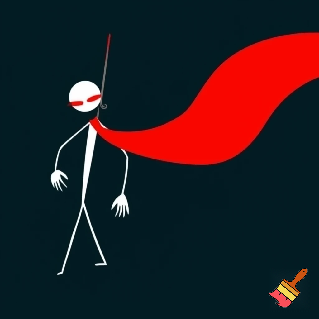 Minimalist stickman character, pure stickman style. White skin, no nose, no hair. Intense glowing red eyes without pupils. Thin rectangular body. Very thin stick arms and legs, with hands and feet slightly larger than the limbs. Wearing a very long red scarf flowing dramatically. A sword on the back. Simple clean lines, flat colors, high contrast white and red, dark minimalist background.
