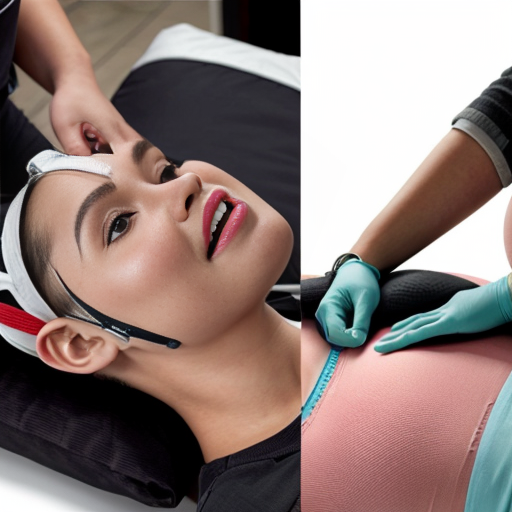 A photorealistic smartphone screenshot of a chaotic online shopping app interface. The search bar displays 'pregnancy pillow'. The product grid features bizarre items: top left shows a woman lying inside a massive, pink, full-body contoured pillow; top right is a realistic silicone medical suture practice pad depicting a deep simulated wound; bottom left is a rubber CPR training dummy head with a hand stretching its mouth open; bottom right is a dramatic romance novel cover. The interface includes bright red price tags, green 'Local' badges, and intrusive pop-up promotional stickers. Standard mobile status bar at the top."