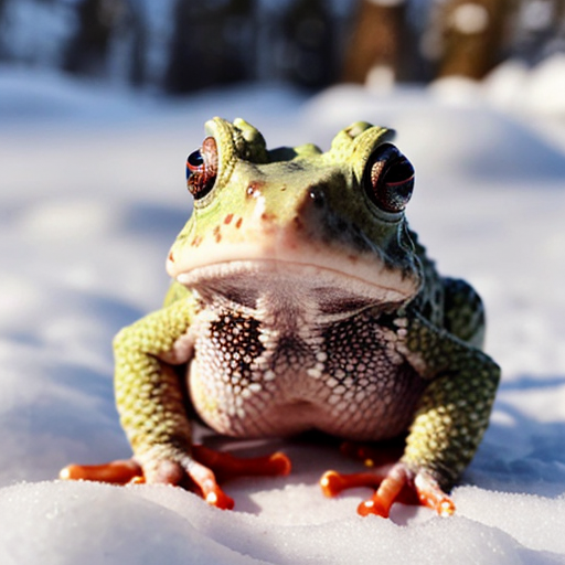 A laughable, puzzled animal toad in woolen, multicoloured winter clothings with woolen winter cap. Hyperrealistic art style.