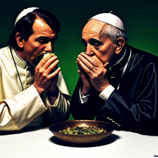 Pope Francis (left) and Pope Leo XIV (right) vomiting, green and snotty vomit from their streched mouths, and into the same bowl (center), dark, gritty, realistic

