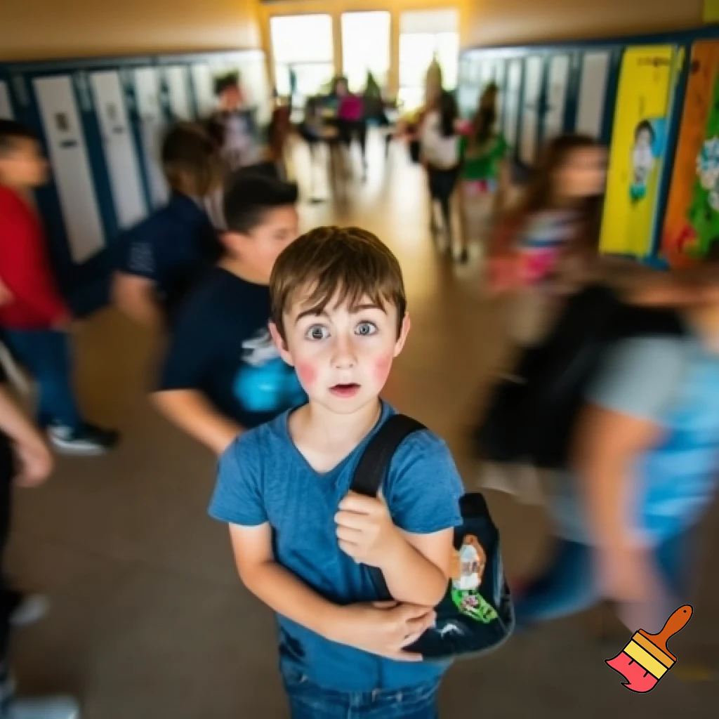 First day of school in 6th grade comic style of a boy