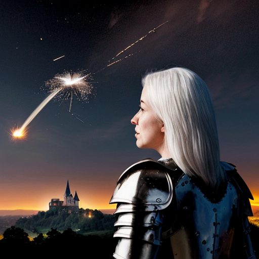 young white-haired woman in armor watches as meteorites fall on her castle