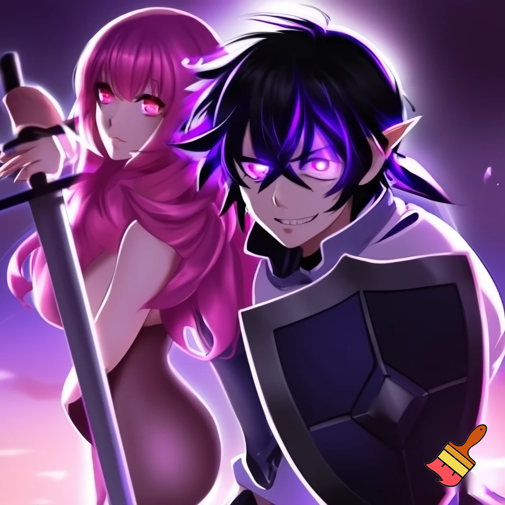 Anime boy, emo, black and purple streaks in hair, elf ears, glowing purple eyes. Anime girl with pink long hair and curves, pink eyes. two people. in a pose. anime Rising Shield hero Style. the Male holding his Shield. the girl holding the Sword. 