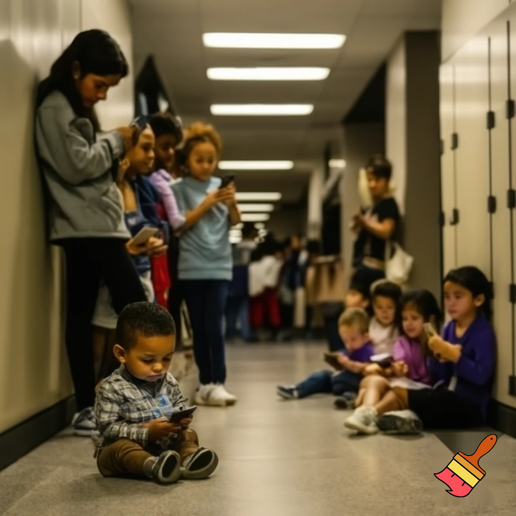 Many kids (teenagers and toddlers) looking at their phones at school