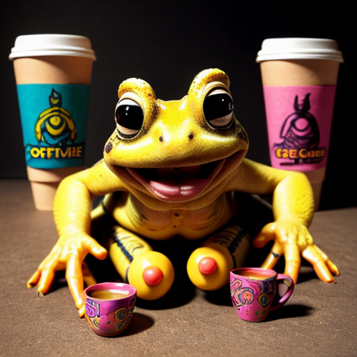 A hillarious, funny boho toad with some hippie colored coffee cups. Psychedelic decorated background.