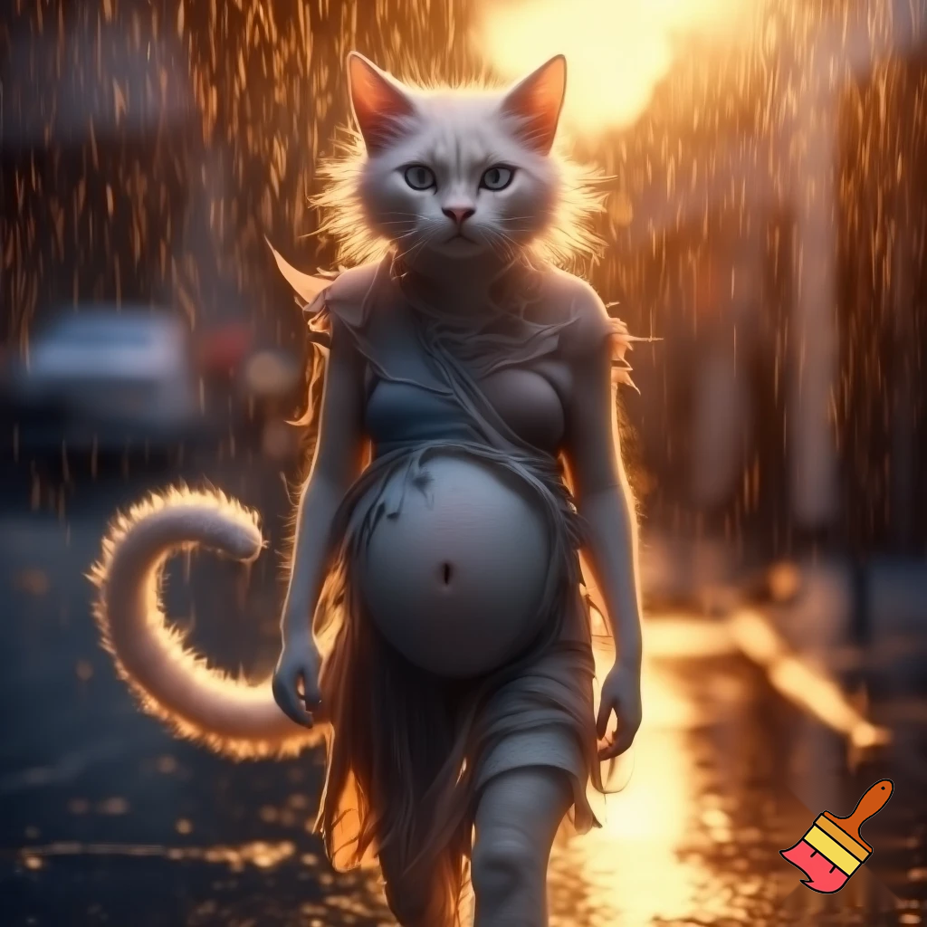 Beautiful 24-year-old white catgirl in torn rags, pregnant belly glowing, walking rainy Karachi street at golden hour, white cat ears, long white tail, icy blue eyes shining with hope, bright sunlight beams, sparkling wet fur, emotional cinematic portrait, 8k
