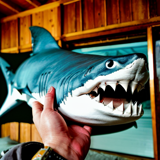 Make a shark with blue jordans in a big wood cabin called "The Tung tung Inn"