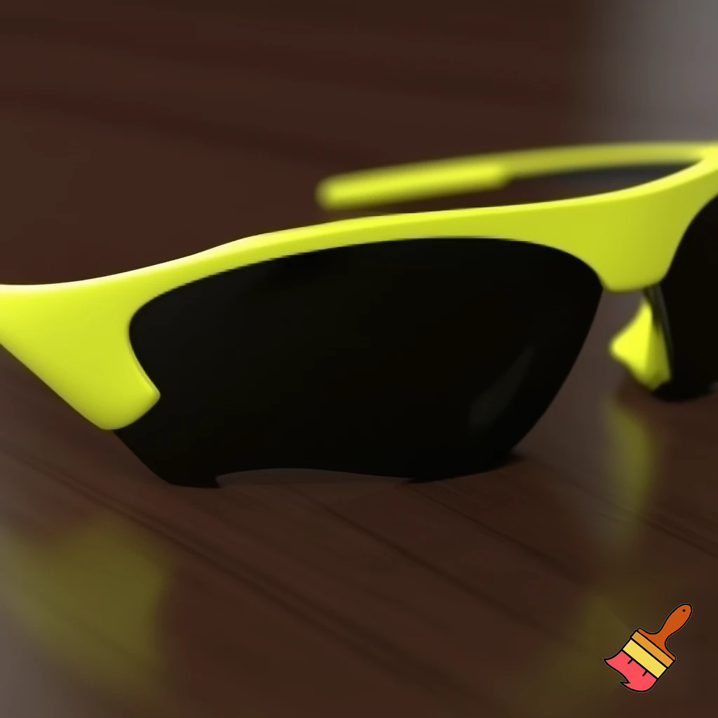 black tinted super-sport sunglasses on a table with yellow arms
