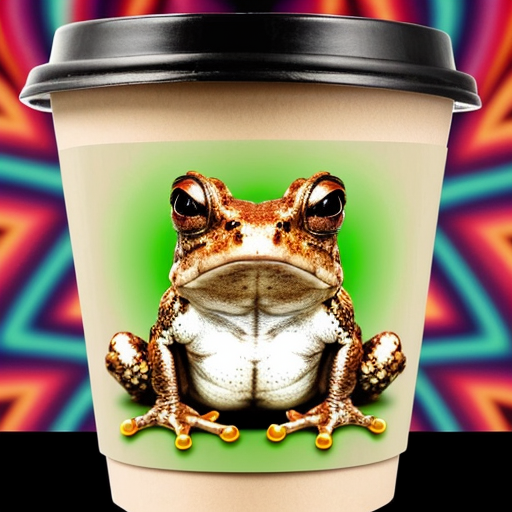 A hillarious, funny boho toad with some hippie colored coffee cups. Psychedelic decorated background.