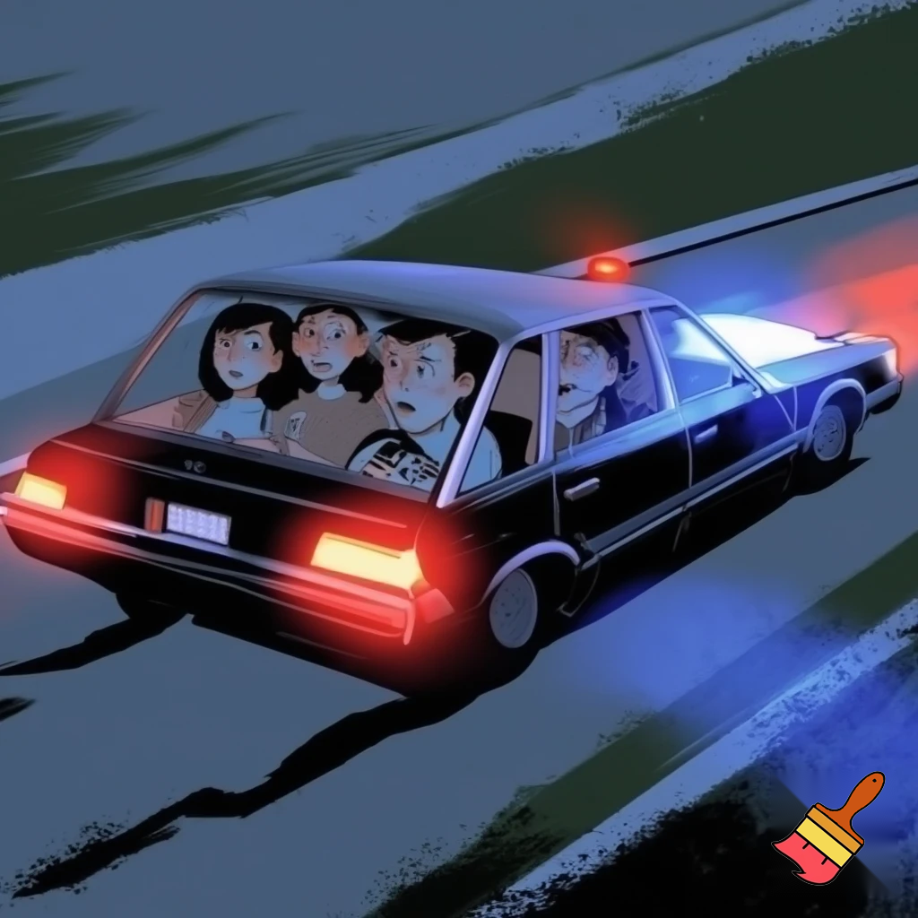 A family of 4 one boy one girl and mum and dad getting pulled over