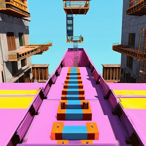 a pink construction site with a bunch of tilted pink layers with blue ladders going to each one and at the top there's donkey kong and at the middle a mario with red overalls and and a blue shirt and there's barrels on the tilted pink layers, make it all 8 bit
