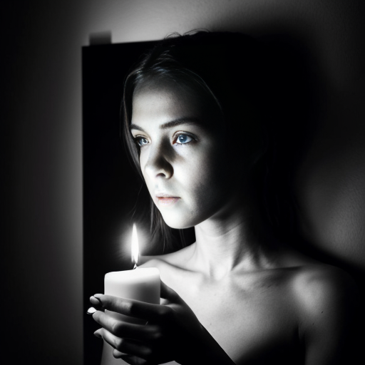 creates an image of a room in complete darkness; on the wall there is a mirror where you can see a woman holding a candle; black and white images in a photographic and hyperrealistic style
