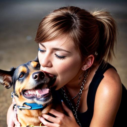 Woman who is chained to the ground being licked by a dog 