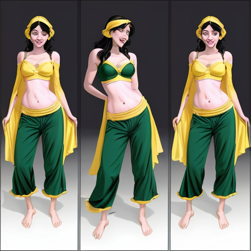 90's disney's 2d aladdin style comic black background and panels of panel 1 tiana with dark green harem pants and bra and curved slippers with both hand palms place together and hiding the bottom of her mouth with a dark green veil wrapped around her arms and attached to her head. 
panel 2 she danced with dark green harem pants barefoot with dark green bra and dark green curved slippers dark green veil wrapped around her arms and shoulders and raising legs and bounced up and down her belly and shook her hips left and right. 
panel 3 as tiana with dark green harem pants and bra and dark green curved slippers and spreading her arms, happily revealing her face to the viewer and giving a smile as she turns around shook her butt left and right. 
Panel 4 as tiana  with dark green harem pants and bra and dark green curved slippers started to fading away , except her belly, which is bouncing around. 
Panel 5 then the ball transforms into the fading in belly of snow white  with yellow harem pants and yellow bra and yellow curved slippers and a yellow veil wrapped around her arms and shoulders with her swaying her hips. 
Panel 6 snow white  with yellow harem pants, yellow bra, yellow curved slippers and yellow veil wrapped around her arms and shoulders gives a smile and winking her left eye 